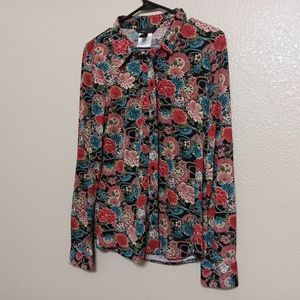 BCBGMaxazria Black Red Blue Floral Stretch Knit Button Front Blouse Top